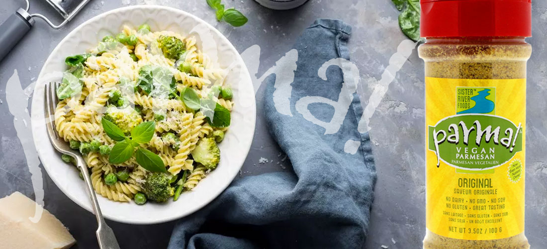 Parma! vegan cheese topping over pasta -- Shannon Schnibbe’s Vegan Parmesan Food Topping